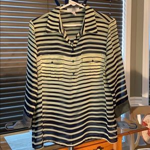 Forever 21 Semi Sheer Blouse Size L Navy & Yellow